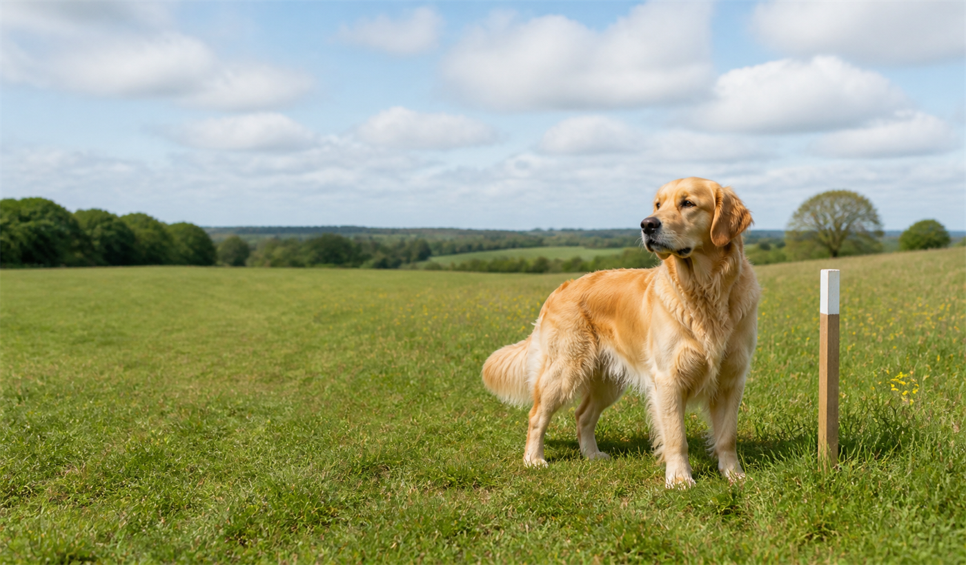 Adult Golden Retriever standing in a British meadow